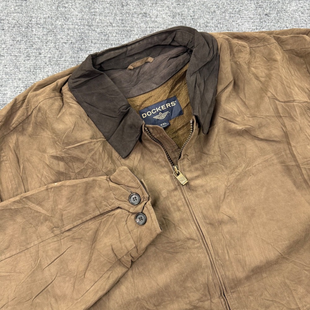 Dockers Bomber Jacket XXL Brown Fleece Lined Full Zip Harrington Mens